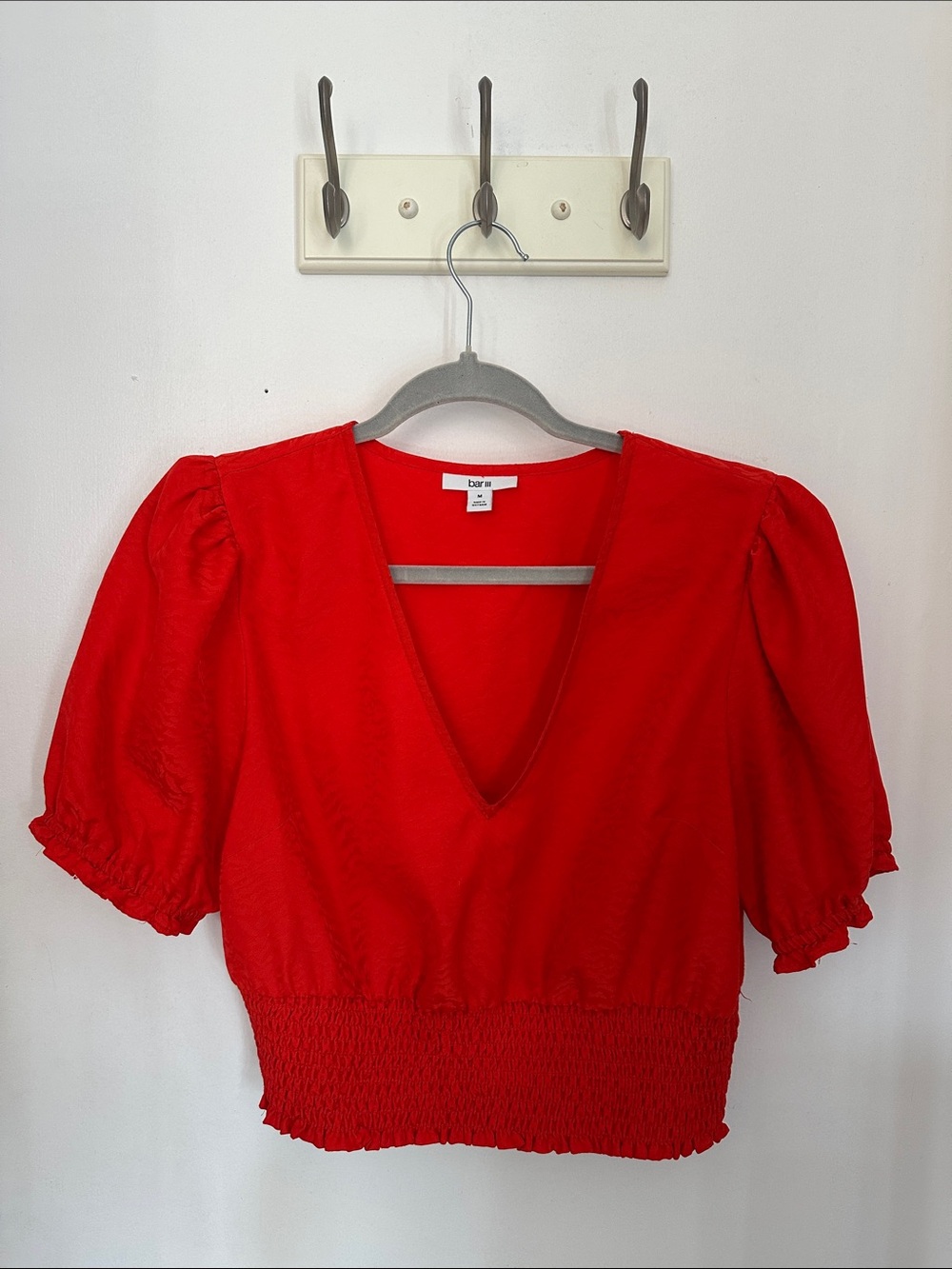 Bar III Bold Red V-Neck Puff Sleeve Crop Top